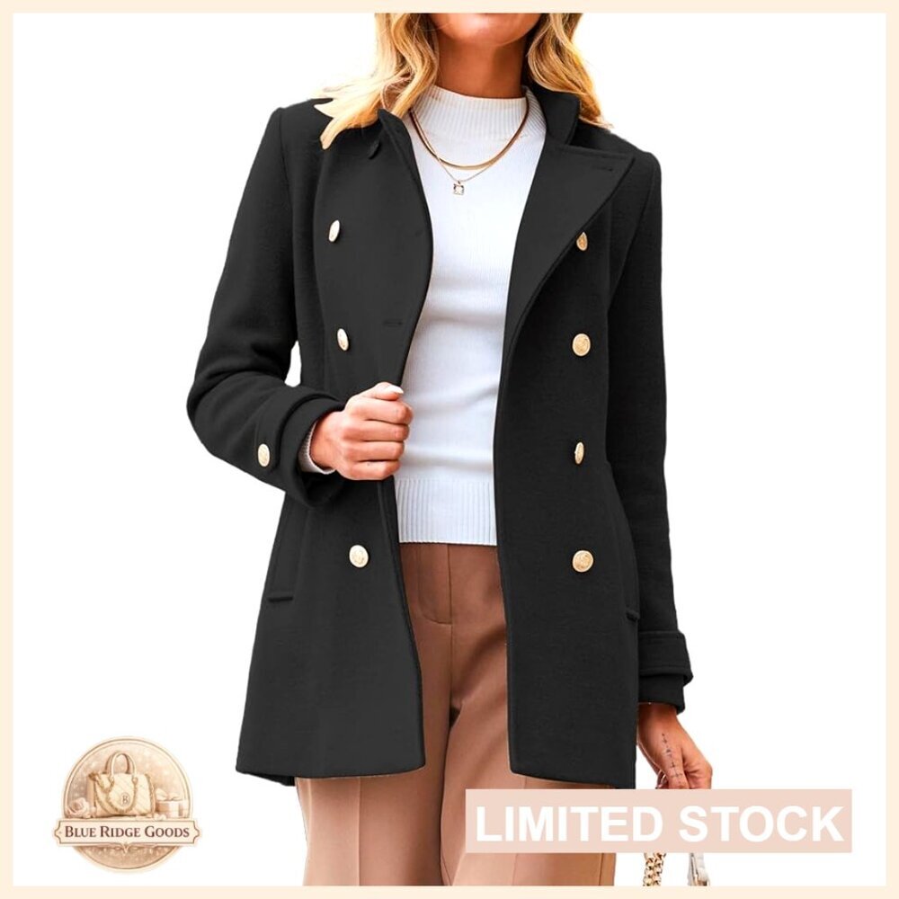 Classic Wool Peacoat Double Breasted Blazer Trench Coat Elegant Overcoat